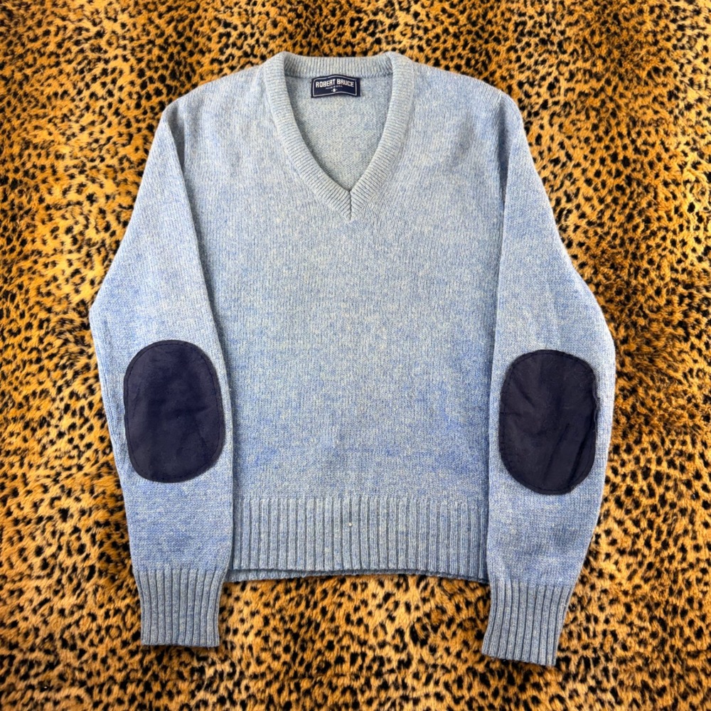 Vintage Robert Bruce 1980s Blue V-Neck Sweater Elbow Patches USA Made S